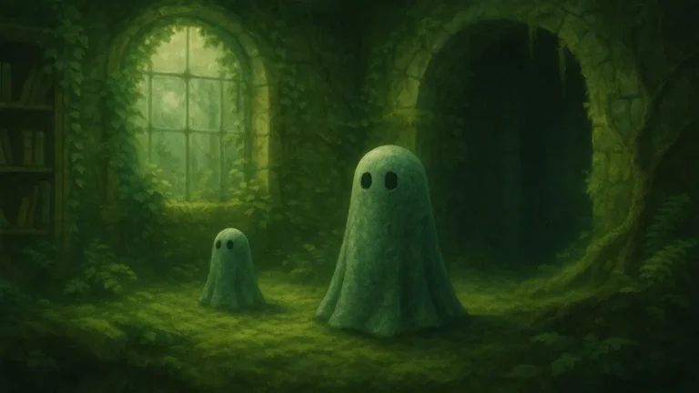 A moss-covered stone study bathed in soft green light, with ghostly figures standing among ivy and ruins.