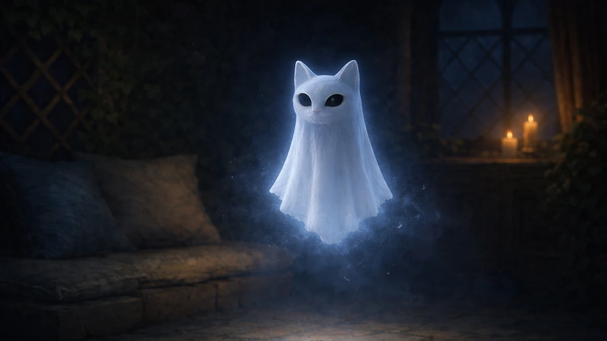 Small Catling ghost cat spirit hovering in a candlelit room with cinematic blue lighting, soft glow, and subtle mist