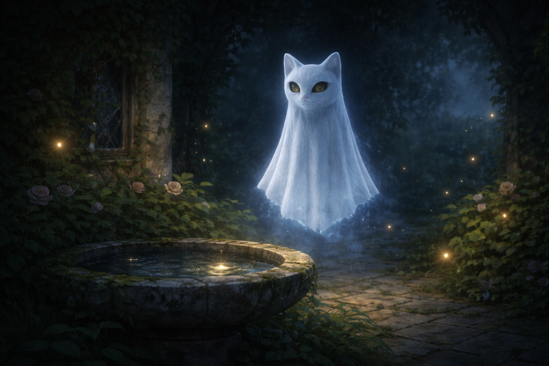 Catling ghost cat spirit hovering in moonlit garden near stone birdbath with soft blue lighting and firefly glow
