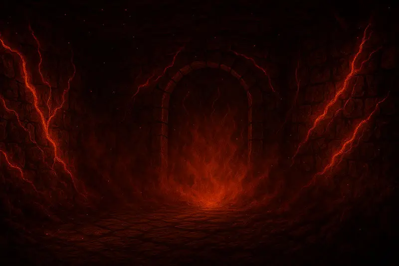 A glowing ember-lit stone chamber with sparks drifting in the air, representing the Ember Room.