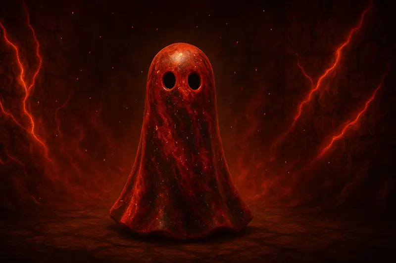 A marbled ghost figurine in fiery red, molten orange, and black with golden flecks, glowing softly in ember light.
