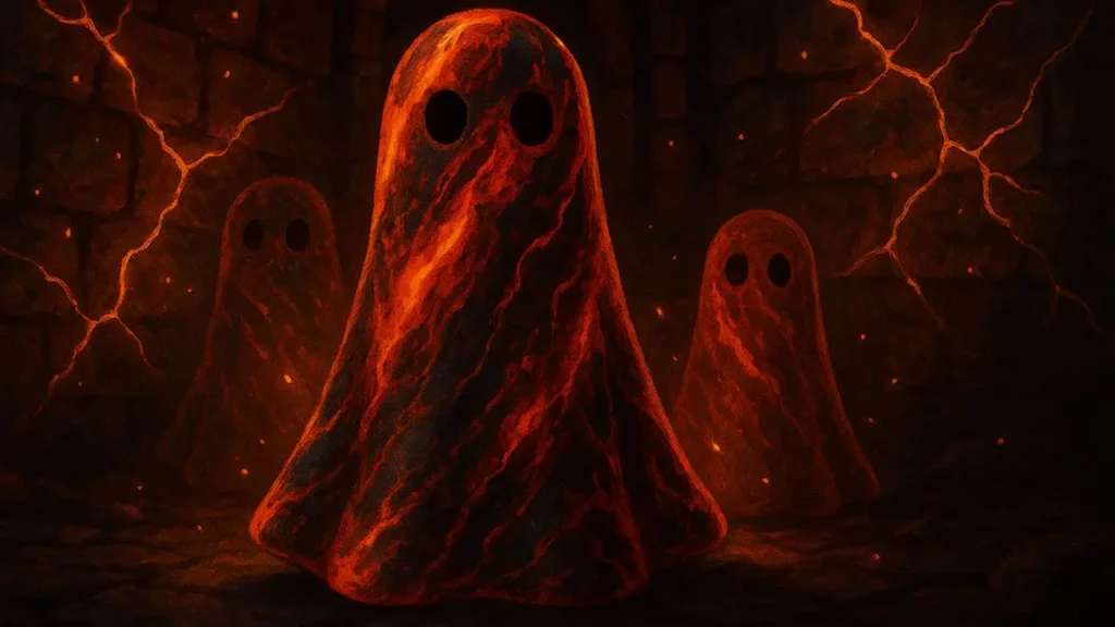 Three marbled ghost figurines in red, orange, black, and gold standing in a glowing ember-lit stone chamber with sparks drifting in the air.