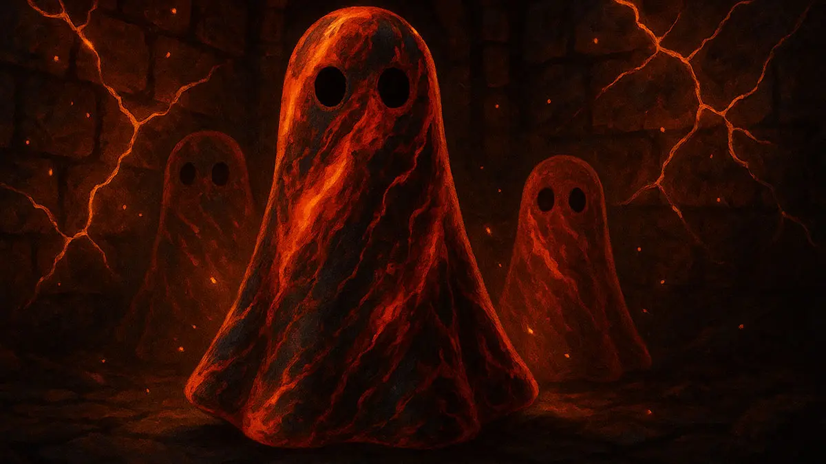 Three marbled ghost figurines in red, orange, black, and gold standing in a glowing ember-lit stone chamber with sparks drifting in the air.