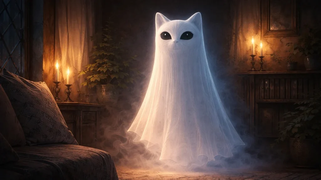Familiar ghost cat spirit floating in a softly lit room with warm candlelight, blue glow, and subtle mist
