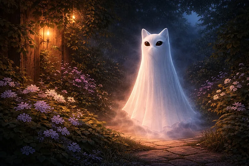 Familiar ghost cat spirit floating in a moonlit garden with warm candlelight, blue glow, and soft mist among flowers