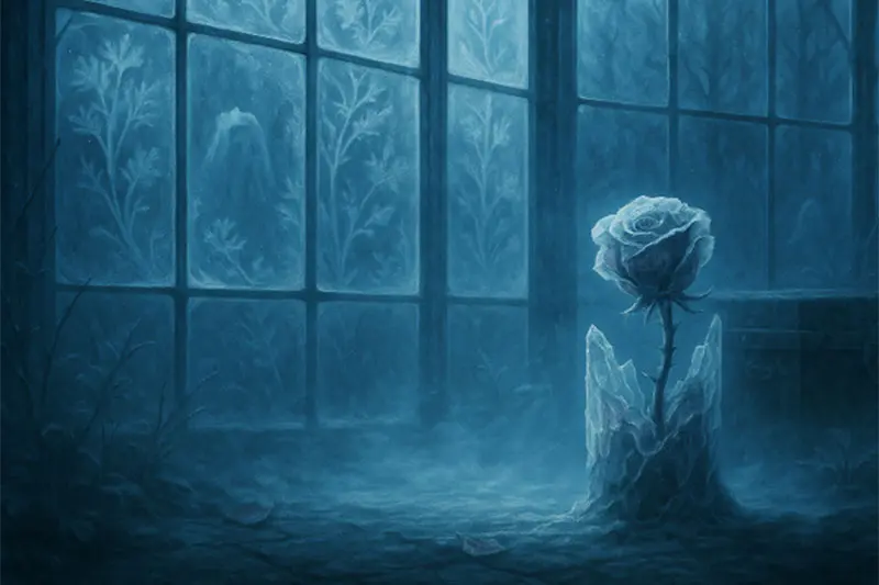 Frost-etched glass and a frozen rose within the Frosted Conservatory.