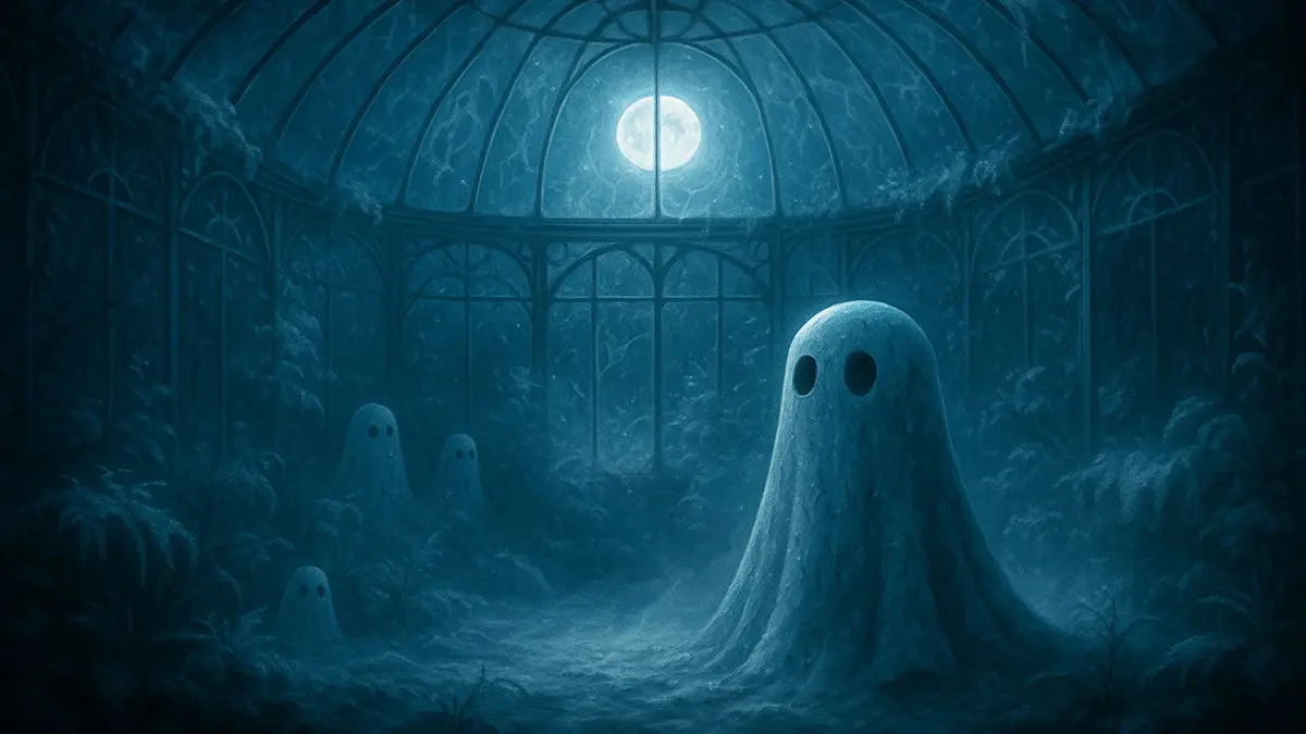 A frost-covered glass conservatory glowing with pale moonlight and ghostly figures.