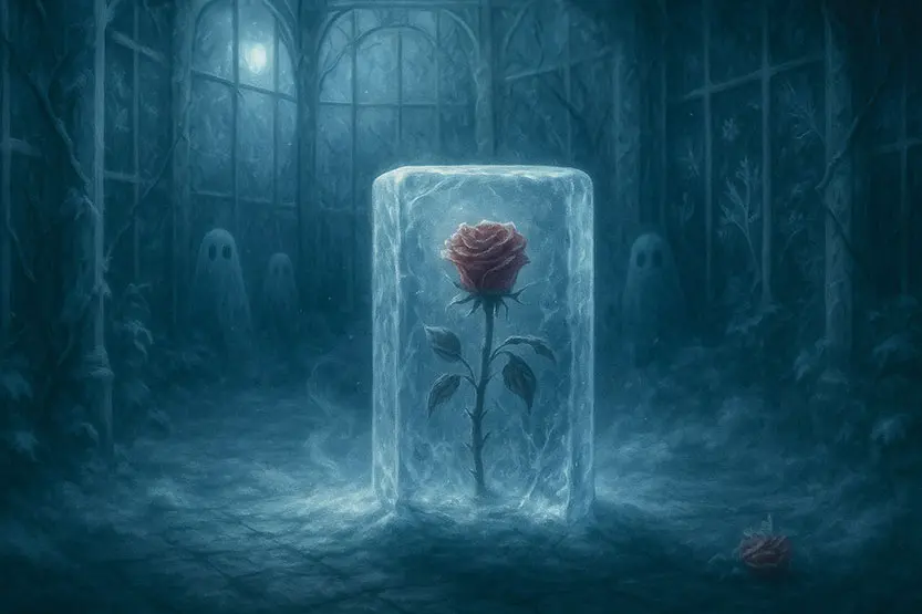 A frozen rose encased in ice with ghostly shapes in the background.