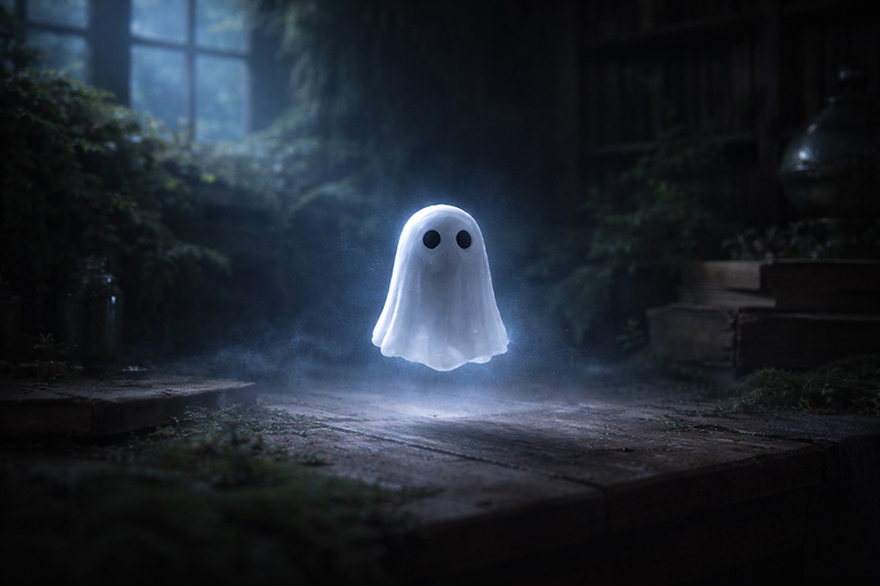 Small Ghostling spirit hovering in mossy study room with cinematic blue lighting and mist