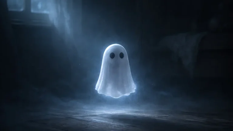 Ghostling ghost figurine style small spirit floating in moody blue light mist scene