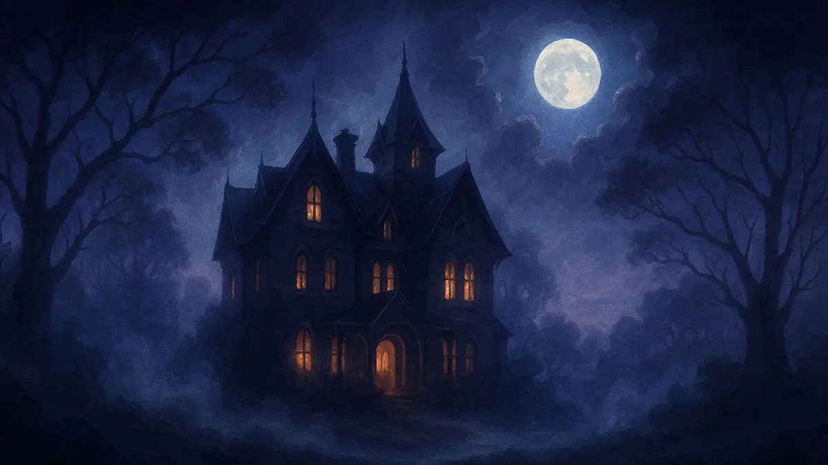 Spooky house in a forest under a full moon