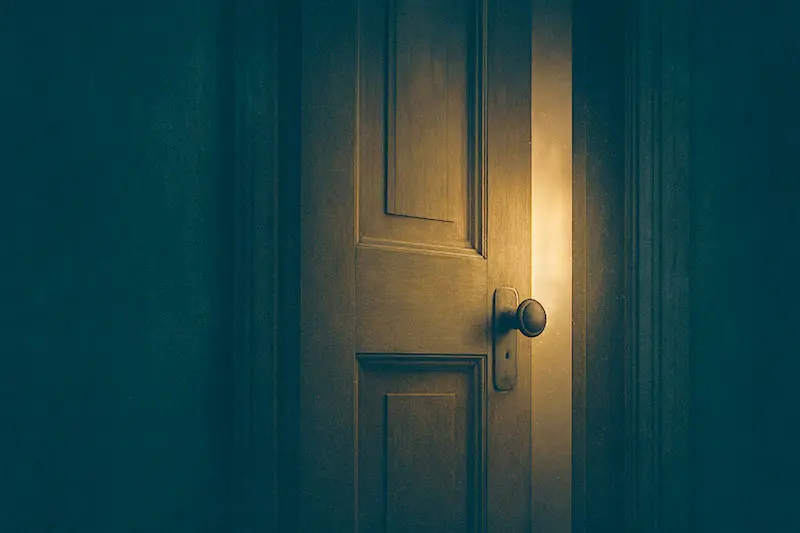 A close-up of a door slightly ajar with a glow from inside, suggesting whispers from within the House of Ghosts.