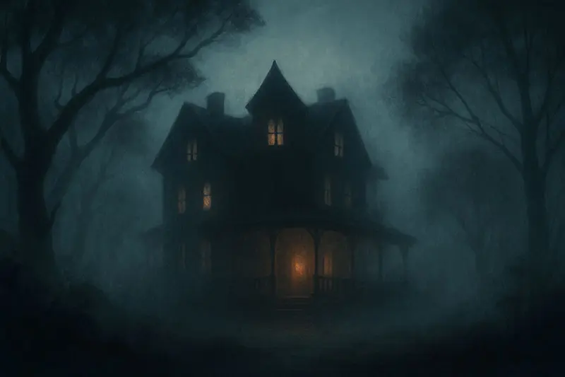 Mysterious silhouette of the House of Ghosts in mist, with a faintly glowing porch and leaning trees.
