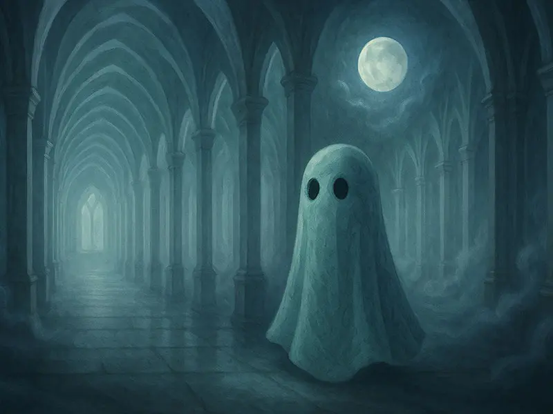 A ghostly white figurine stands in a dim moonlit corridor with tall arches and drifting mist