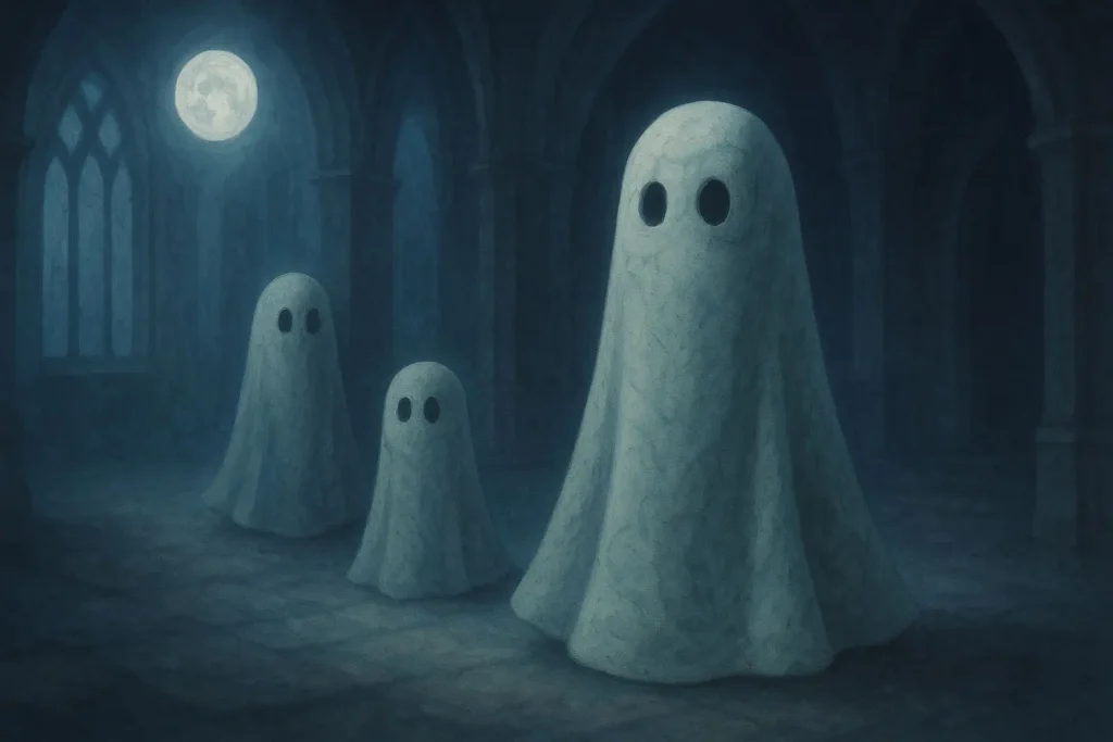 Three marbled white and grey ghost figurines glowing under silver light in a misty moonlit hall