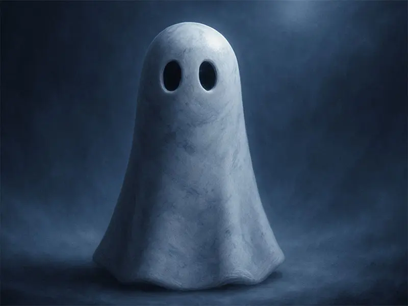 A marbled white and grey ghost figurine glowing softly under silver moonlight with mist swirling in the background.