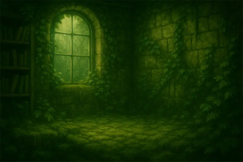 A moss-covered stone study with shelves of old books, ivy creeping across the walls, and muted green light streaming through a cracked window.