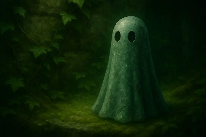 A marbled ghost figurine in sage green, forest, and grey with silver flecks glowing softly against a moss-covered stone backdrop.