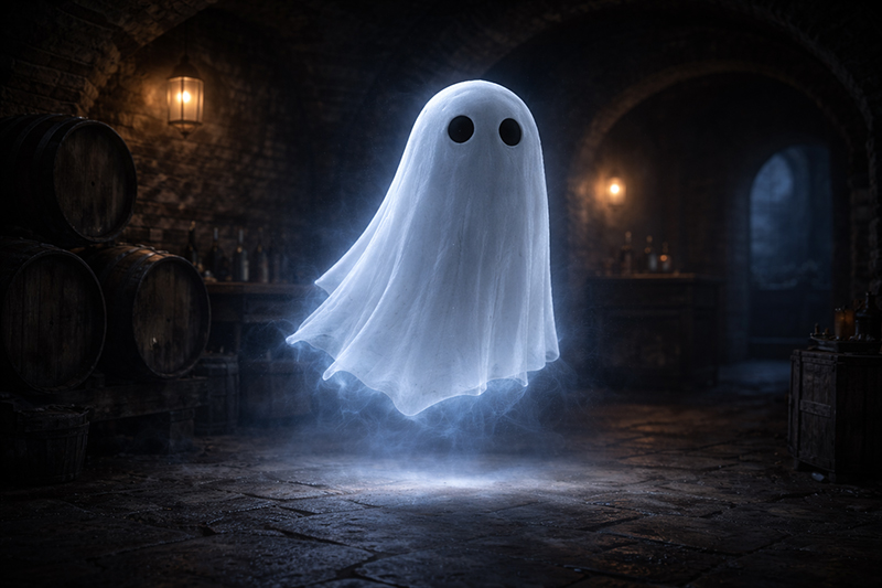 Medium Phantom spirit floating in a shadow cellar with soft blue glow and drifting mist