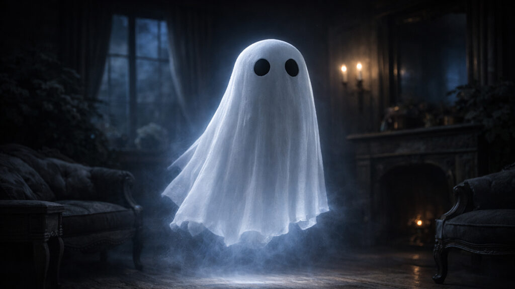 Medium Phantom spirit floating in a twilight parlour with soft blue light and drifting mist