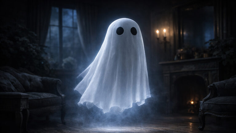 Medium Phantom spirit floating in a twilight parlour with soft blue light and drifting mist