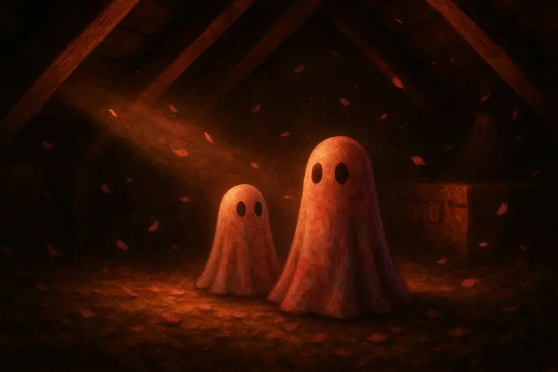 Two ghost figurines seated beneath attic beams, surrounded by drifting rose petals glowing in soft light.