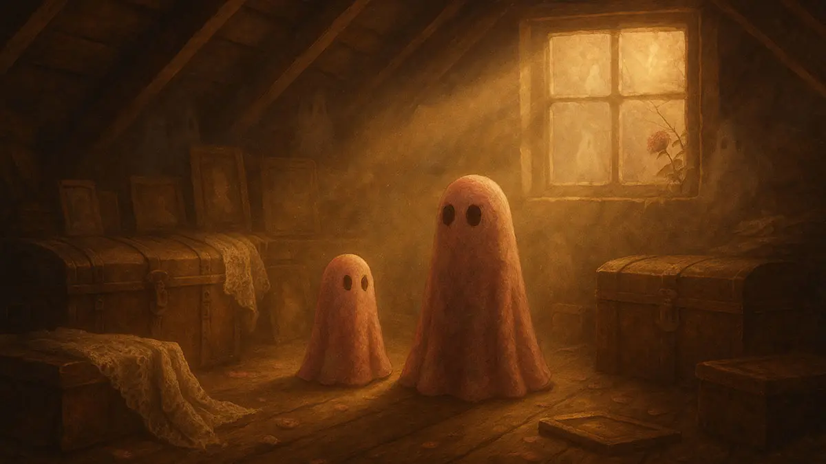 A dusty attic with trunks, lace, and faded photographs, sunlight streaming through a window with faint ghostly figures.