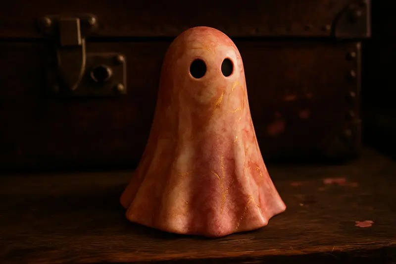 A marbled ghost figurine in rose, blush, ivory, and muted burgundy with golden veins glowing softly.