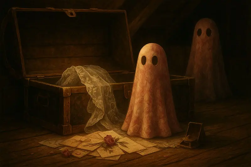 An attic trunk with faded letters, pressed roses, and a veil, with a faint ghostly figure in the background.”