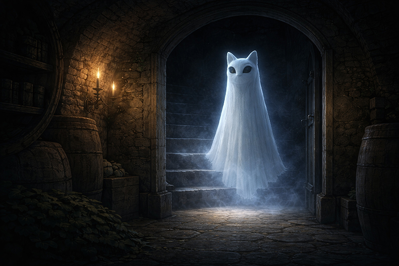 Sentinel ghost cat spirit guarding a stone stairway doorway with cinematic blue lighting, mist, and shadowed cellar setting