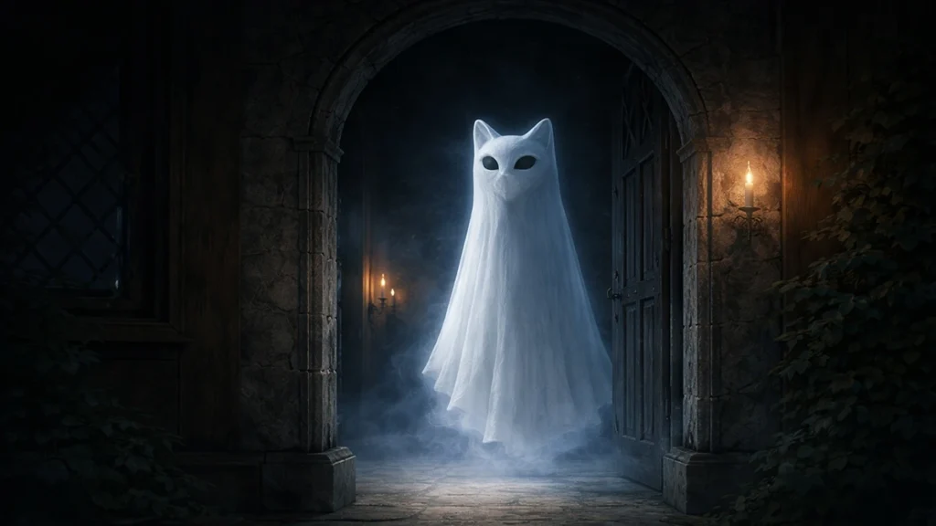 Sentinel ghost cat spirit guarding a doorway with cinematic blue lighting, mist, and shadowed archway