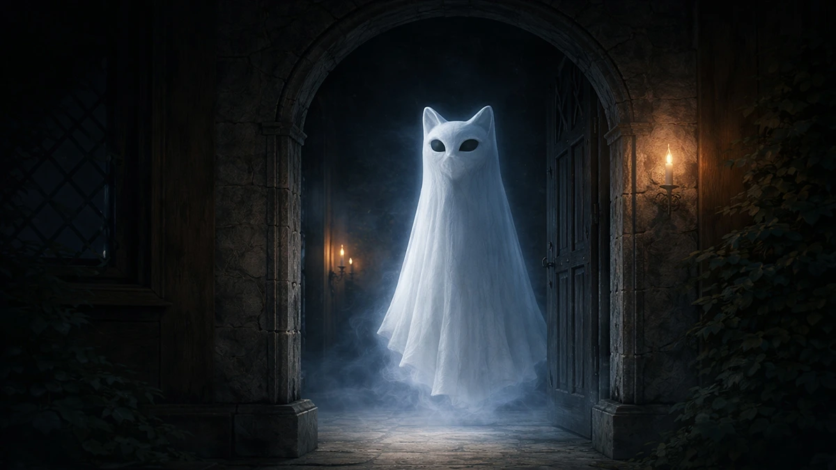 Sentinel ghost cat spirit guarding a doorway with cinematic blue lighting, mist, and shadowed archway