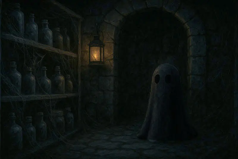 A dim cellar corner with cobwebbed jars, cracked bottles, and lantern light cutting through dust-filled air.
