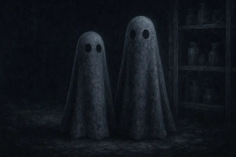 Two ghost figurines standing in the Shadow Cellar, faintly glowing beside old shelves in near-darkness.
