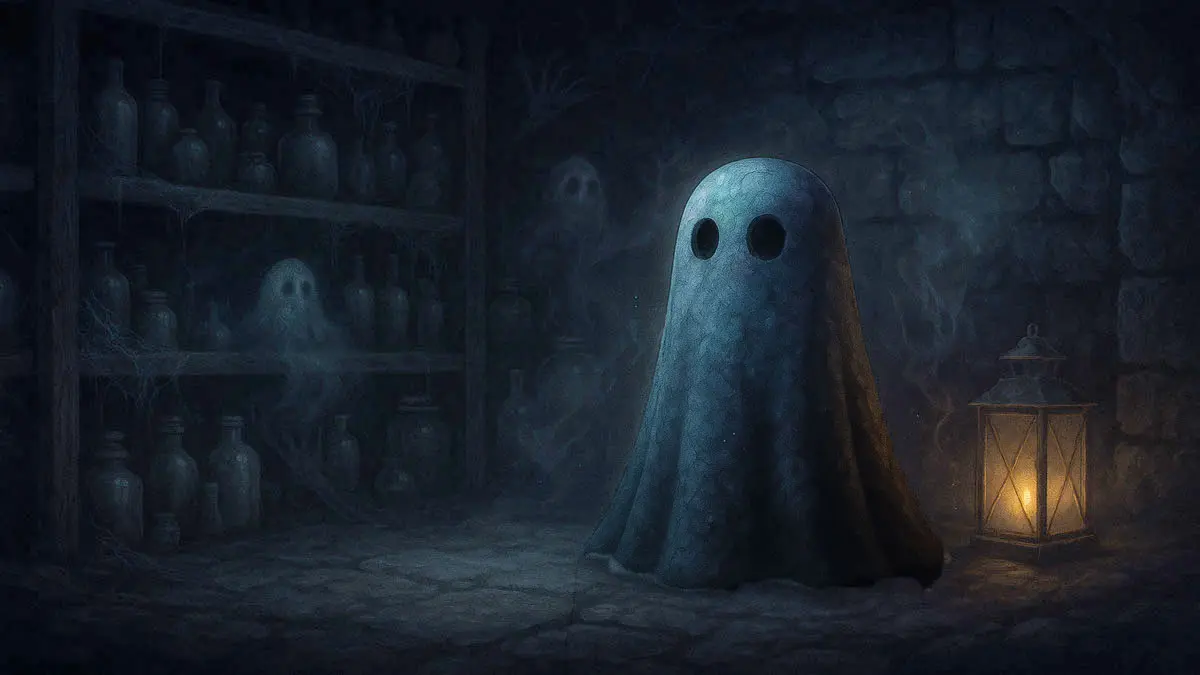 The Shadow Cellar with cobwebbed shelves, cracked bottles, and ghostly figures glowing faintly in the dark.