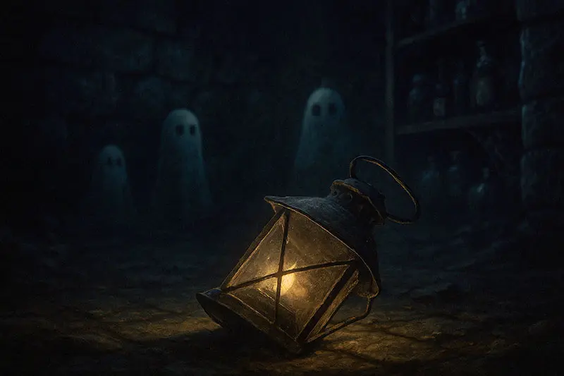 A broken lantern in the Shadow Cellar with faint ghostly shapes glowing in the background.