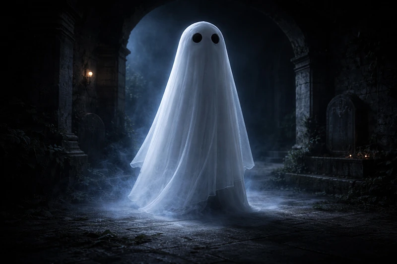 Large Spectre spirit standing in a shadowy crypt with soft blue glow and drifting mist