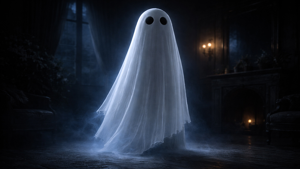 Large Spectre spirit standing in a dark room with soft blue glow and deep shadows