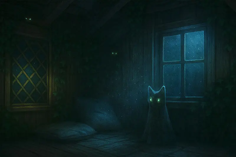 Moonlight through latticed windows, with glowing feline eyes peering from shadows in the Catio.