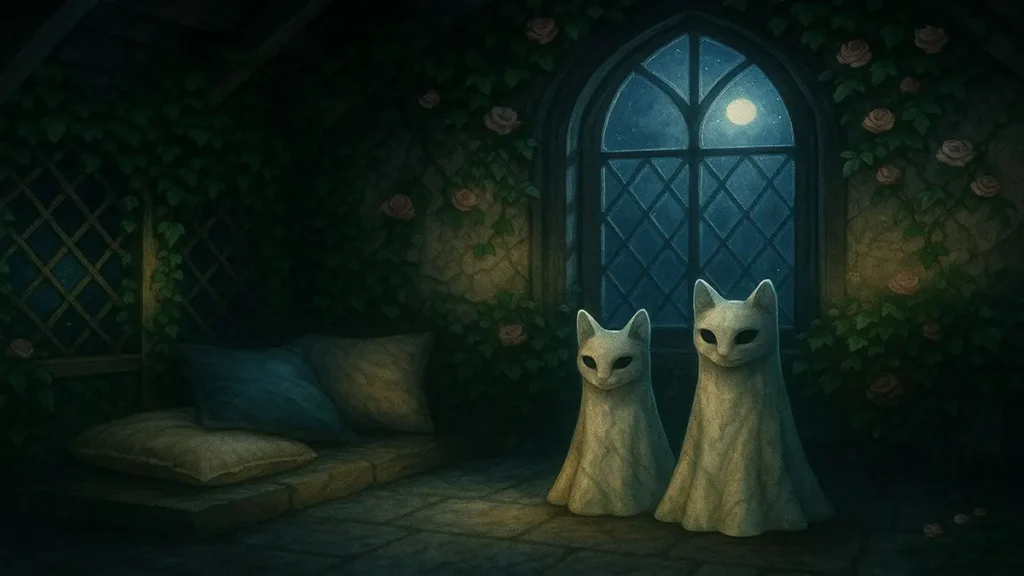 A moonlit attic balcony with ivy, faded cushions, and faint ghostly cat shapes in the shadows.
