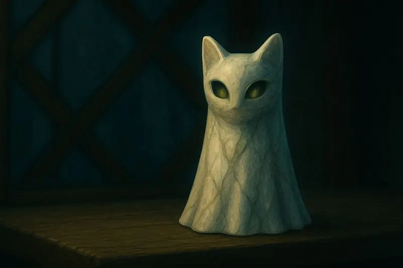 A marbled ghost figurine in white, grey, and silver with amber-green veining, glowing on a wooden perch.