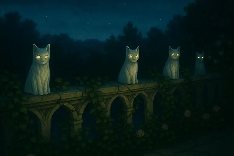 Ghostly cats perched along an ivy-covered balcony rail, their eyes glowing in the dusk.