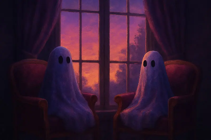 Two ghost figurines seated in velvet chairs as twilight fades beyond tall windows.