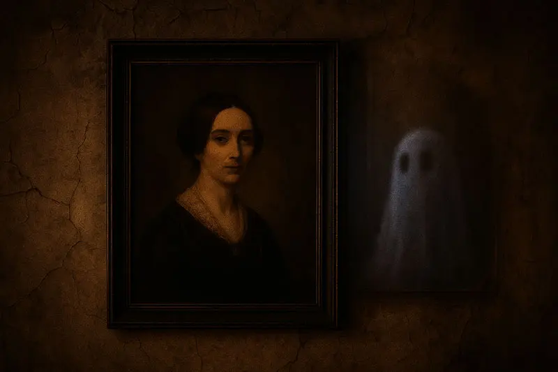 Framed portrait of a woman on a wall with a ghostly figure in the corner.