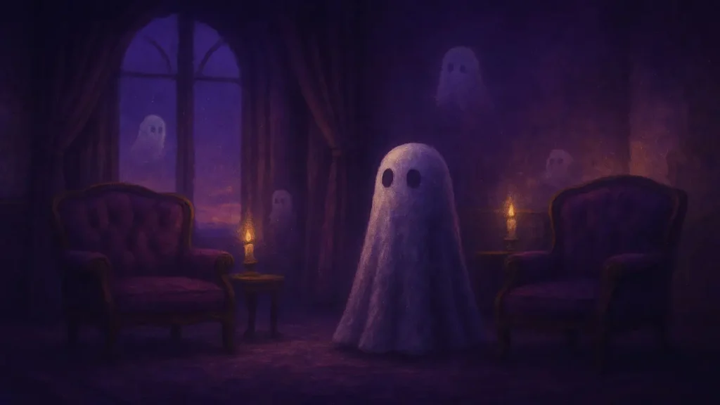 Ghostly figures in a dimly lit room with candles and furniture