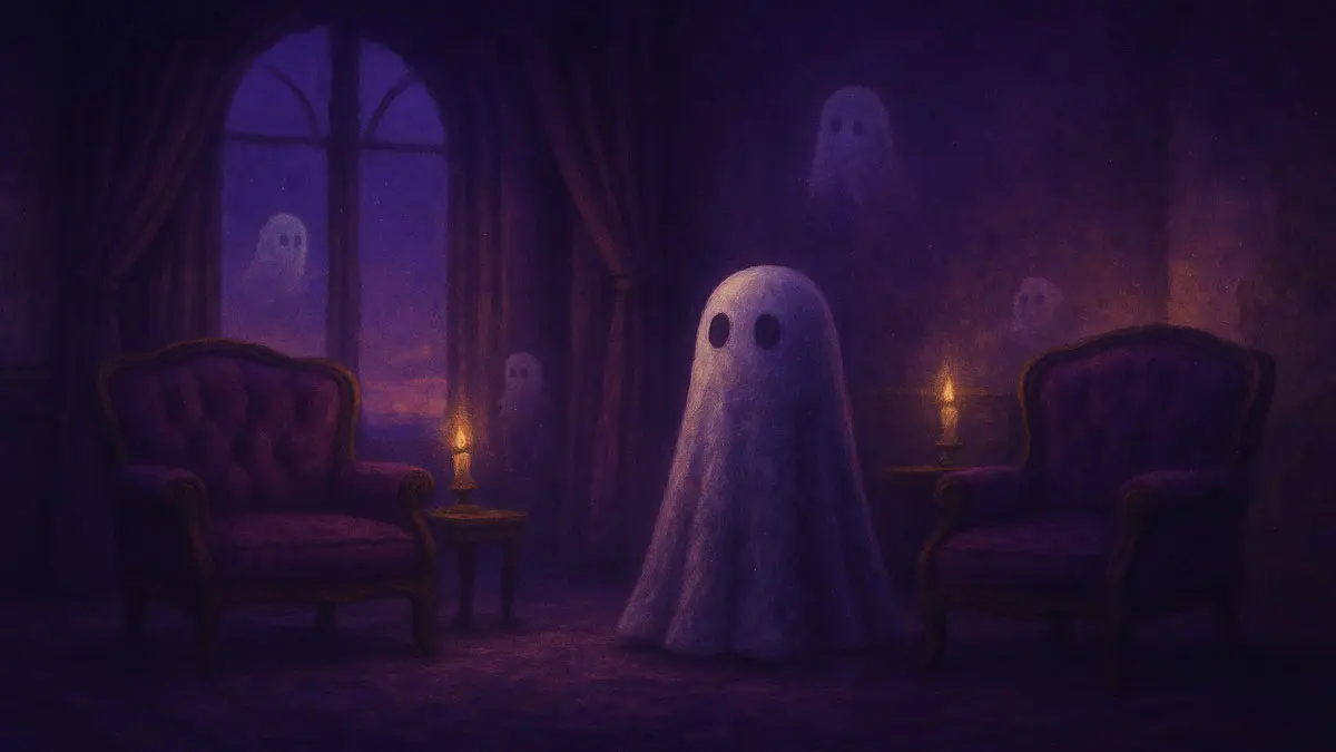 Ghostly figures in a dimly lit room with candles and furniture