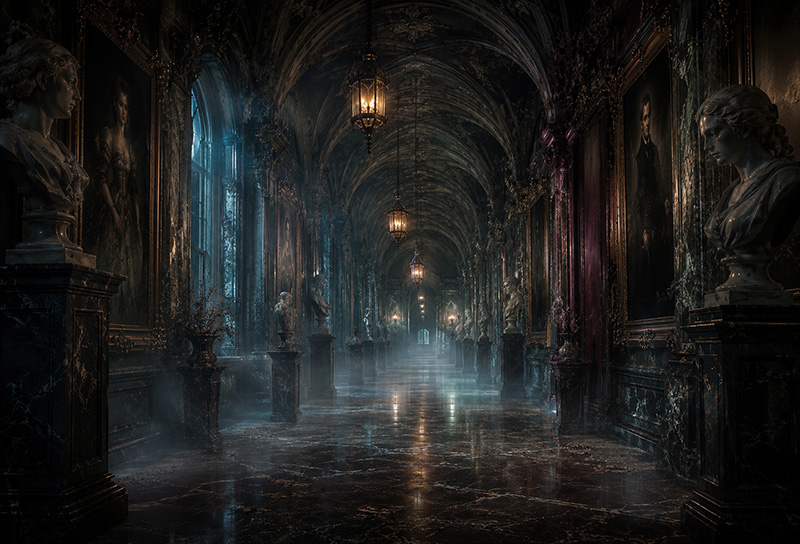 Gothic interior of the Wanderers’ Gallery inside the House of Ghosts, featuring a long candlelit corridor with faded portrait paintings, marble statues, hanging lanterns, drifting mist, moonlit windows, and layered shadows touched by ember, moss, and twilight tones.